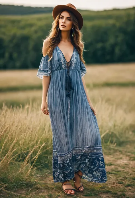 , Beautiful attractive woman , stand up, boho summer style, full-length 