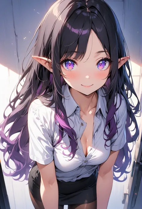 ((highest quality, masterpiece, ultra high definition, high resolution)), ((ultra-detailed illustrations:1.2)), 1 girl, solo, anime style, beautiful hair, parted bangs, loose hair, long hair, black hair, dark purple hair, multi colored hair, beautiful deta...