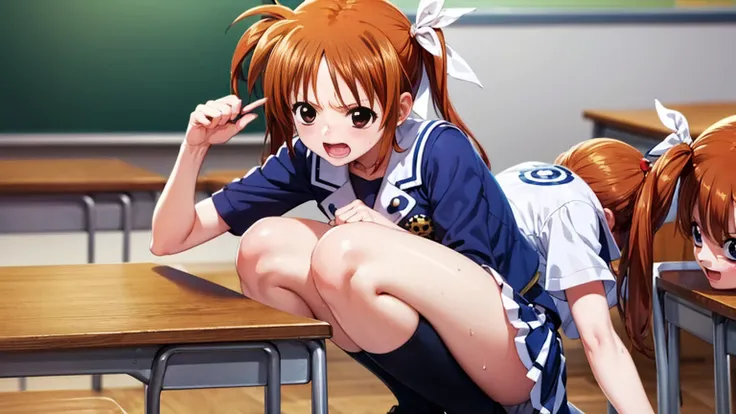 Highest quality,Highest quality,One girl,10 years old,Mouth closed,orgasm,blush, Sweat,Nanoha Takamachi,Takamati Nanoha,Twin tails,Hair Ribbon,((One Piece Uniform:1.3)),classroom、White panties、Squat、Look at this、skirt