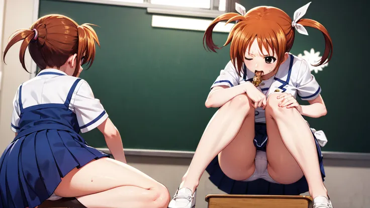 Highest quality,Highest quality,One girl,10 years old,Mouth closed,orgasm,blush, Sweat,Nanoha Takamachi,Takamati Nanoha,Twin tails,Hair Ribbon,((One Piece Uniform:1.3)),classroom、White panties、Squat、Look at this、skirt