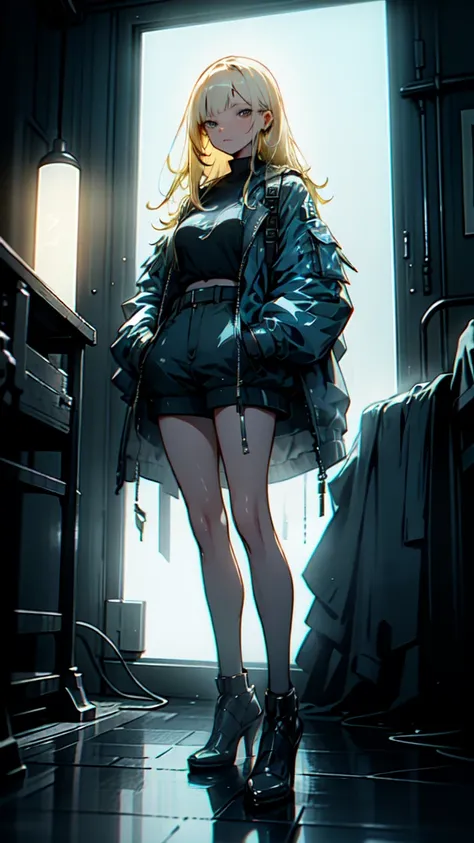 1 girl, long yellow hair , cyberpunk, blue eyes, high heels, hand in pocket, best quality, 4k, 8k, highres, masterpiece:1.2, ult...