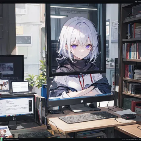 ((Best quality)), ((masterpiece)), (detailed), attractive girl, monitor in place of the head, cursor on screen, long off-shoulder sweater, slender legs, Violet eyes, Albino Night. computer. internet. 
Three hours and still no sleep. 
Knocking and typing. 
...