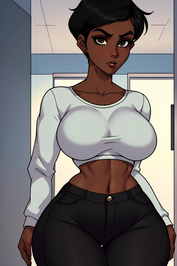 ((ultra quality)), ((masterpiece)), Lois Lane, ((black short hair tomboy hairstyle)), (Beautiful face), (beautiful female lips), (), charming, ((sexy facial expression)), (Dark skin color), (dark skin), glare on the body, ((detailed beautiful female eyes))...