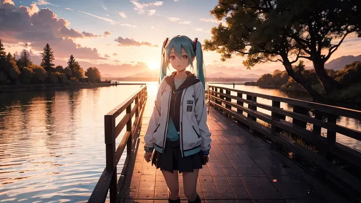 Hatsune Miku is standing on a wooden bridge lit by the setting sun in an upscaled scene。She stared into the distance、I&#39;m reminiscing on fond memories。Surrounded by a quiet lake、Her hair is blowing in the wind。This scene is、It has a calm and emotive atm...