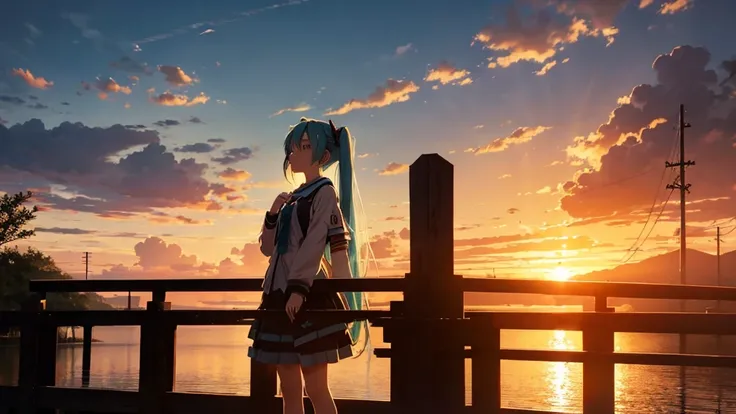 Hatsune Miku is standing on a wooden bridge lit by the setting sun in an upscaled scene。She stared into the distance、I&#39;m reminiscing on fond memories。Surrounded by a quiet lake、Her hair is blowing in the wind。This scene is、It has a calm and emotive atm...