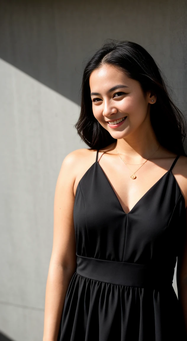 RAW photo, face portrait photo of beautiful 26 y.o woman, cute face, wearing black dress, happy face, hard shadows, cinematic shot, dramatic lighting