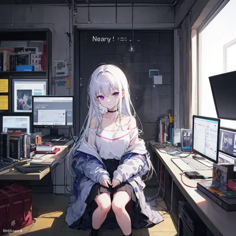 ((Best quality)), ((masterpiece)), (detailed), attractive girl, monitor in place of the head, cursor on screen, long off-shoulder sweater, slender legs, Violet eyes, Albino Night. computer. internet. 
Three hours and still no sleep. 
Knocking and typing. 
...