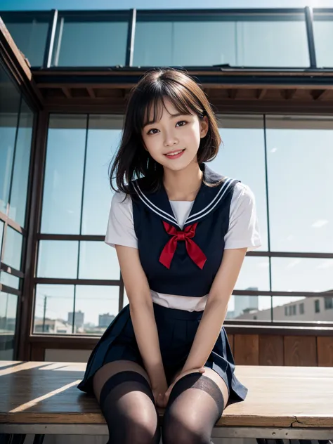 very cute and beautiful girl,(Very delicate and beautiful face and eyes:1.2), smile,Black Hair,Sailor ,Navy blue pleated mini skirt,(From below),１２０Black denier tights、, summer,School rooftop,building,Chain link fence, (Highest quality,Tabletop:1.2),Intric...