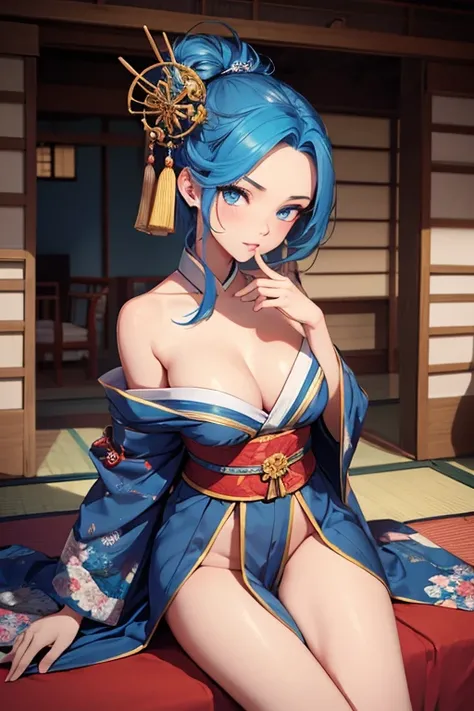 1girl, blue hair Shoulder-high, miniature, open forehead, blue eyes, slim waist, 17th century Japan, the Emperors daughter, 20 years old, long legs, oiran, adult, looking behind his back, a beautiful woman in a kimono, correct anatomy, best quality, detail...