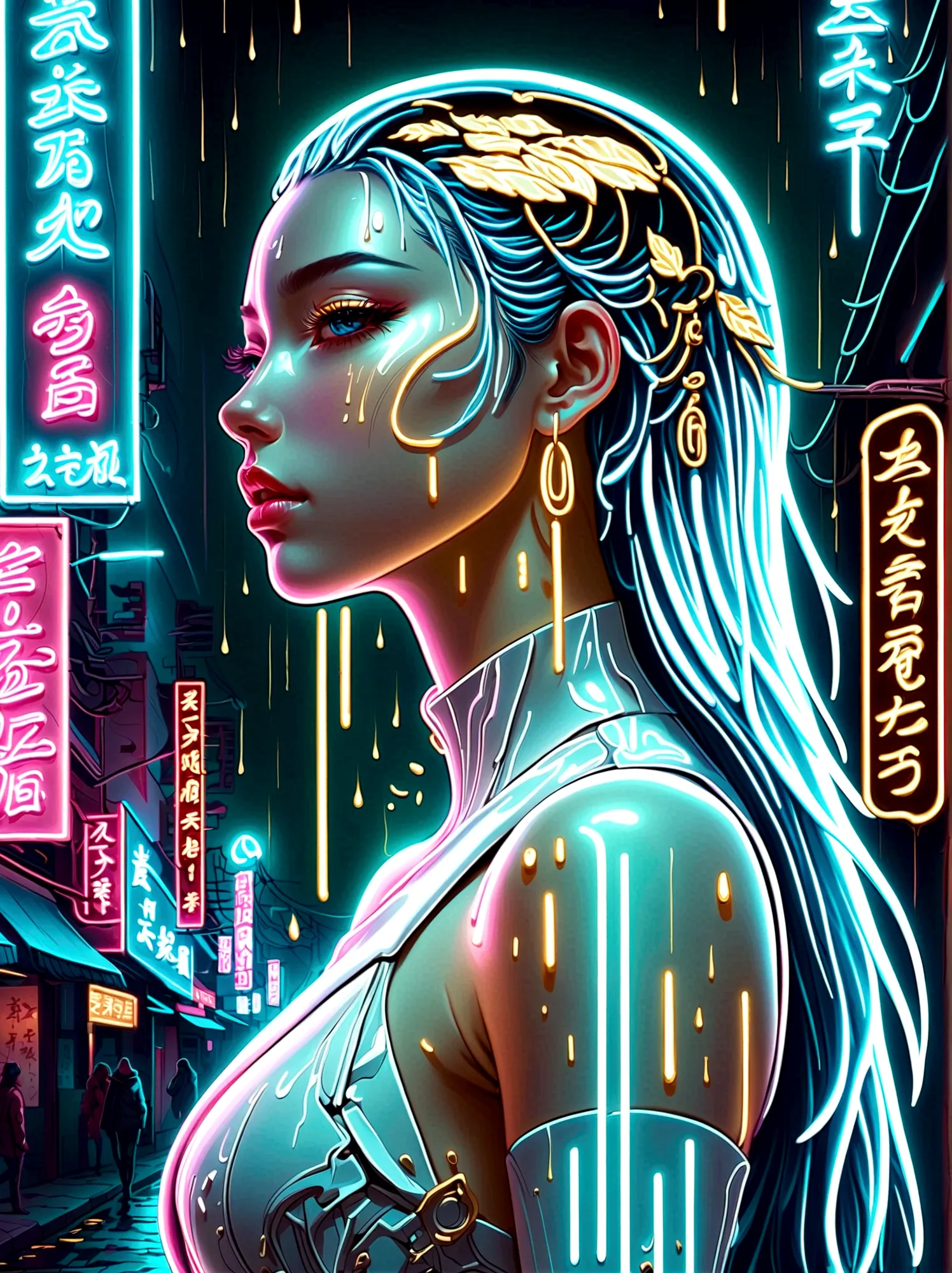 neon, 发光的neon, cyberpunk girl profile，whole body像，golden light，golden raindrops，blood stains the earth，blue and white porcelain ...