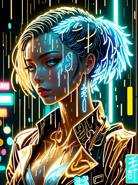 neon, 发光的neon, cyberpunk girl profile，whole body像，golden light，golden raindrops，blood stains the earth，blue and white porcelain ...