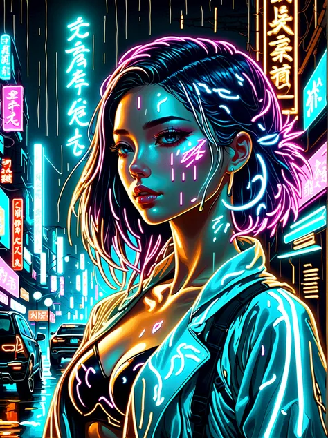 Neon, 发光的Neon, Cyberpunk girl profile，whole body像，Golden Light，Golden Raindrops，Blood stains the earth，Blue and white porcelain texture, (身体彩虹色Neon轨迹形成:1.3)，Surreal，fantasy，Stunning，Vision，whole body