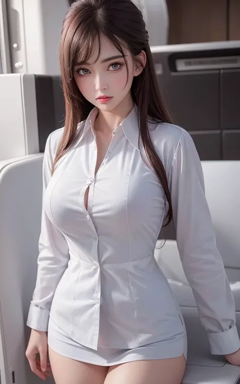 Highest quality, masterpiece, 8k, Ultra-high resolution, (Photorealistic:1.4), One Girl、Beautiful expression、Symmetrical eyes、huge 、Perfect Body Proportions、Stewardess Uniform、Unbutton the chest、Look at the viewers、(Inside the plane:1.2)、Long legs(1.3)、