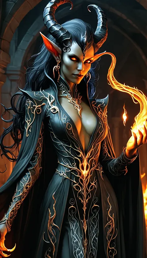 Superb masterpiece, dynamic, Great quality, Female tiefling mage, She has black devil eyes, her hair is black , Her skin is like blood, She is satisfied, Her robe is gold, Her horns are dark grey, (Detailed anatomy:1.2), Surrealistic drawing in a Neverwint...