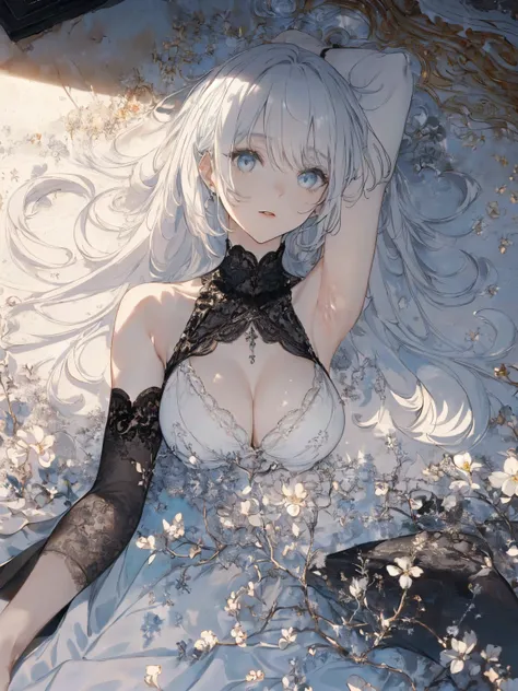 (Landscape photo, with a woman in the bottom right of photo:1.5, in white garden:1.5), Masterpiece, best quality, (very detailed CG unity 8k wallpaper), (best quality), High definition RAW color art, Animation,sculptures, (black Marble Skin), (((Ultra deta...