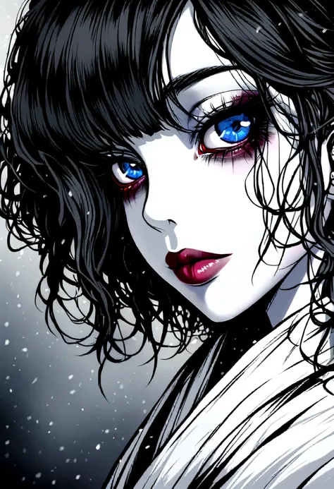 Yukionna artwork, Eye close-up. Beautiful Japanese Women, Pale skin, Long black hair, Piercing blue eyes. She is wearing a white kimono that flutters in the snowstorm, Natural background, Horror Style