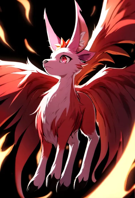 The flying fox that like a goat and salamender  , flying fox wings , 4 legs , ears , horn , orang white aura , red liquid pink eyes , pink fur , scarft , an animal , not a human