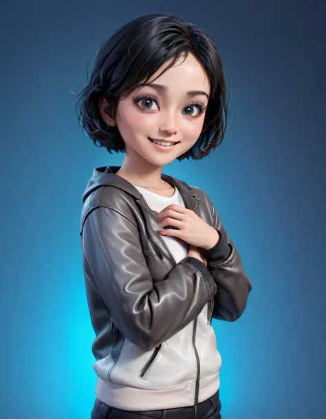 create cartoonish caricature 3d animation with a big head. a 19 years old indonesian woman. she has short, black pixie-cut hair....