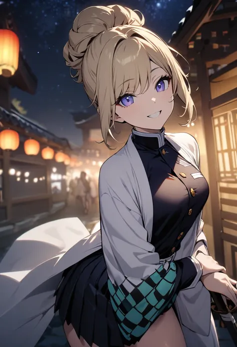 One girl, fair skin, smiling, blonde hair, chignon, tanzanite eyes, Demon Slayer uniform, long sleeves, skirt, white haori, night sky, masterpiece, best quality