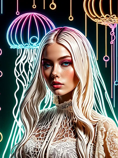 neon, 发光的neon玻璃制成，transparent materials，gloss，refraction details，albino girl，longbearded jellyfish on the head，long hair doll，pl...