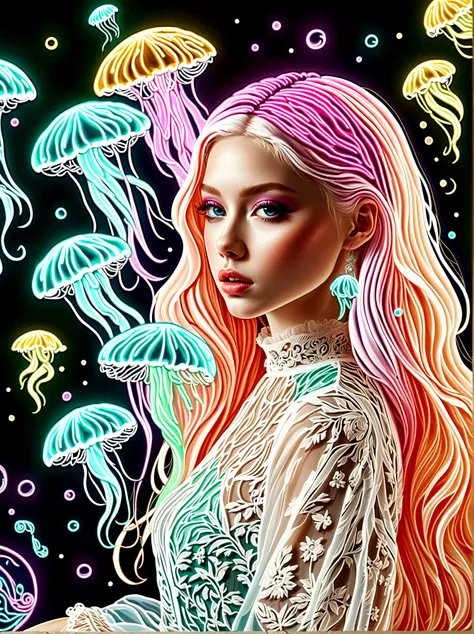 Neon, 发光的Neon玻璃制成，Transparent Materials，Gloss，Refraction Details，Albino girl，Longbearded jellyfish on the head，Long hair doll，Plastic lace long skirt，Renaissance，Baroque，Psychedelic，romantic，neon palette, pale color, 1nhdg1