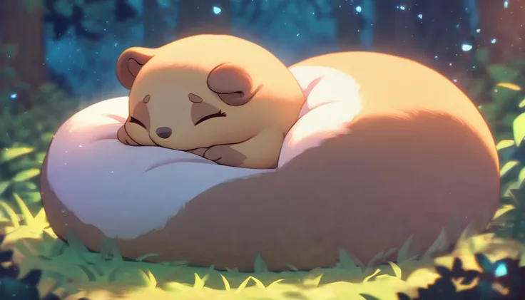 Highest quality, masterpiece, Cute chunky prairie dog, Sleep, Cute pose, Fantasy forest world, A gentle glowing image effect