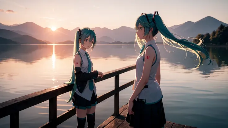 Hatsune Miku in the sunset、Standing on a wooden bridge beside a quiet lake。She is close to the camera、Gazing into the distance with a calm expression。Her hair flutters in the wind、In the background is a calm lake and a sunset sky.。This scene、It expresses a...