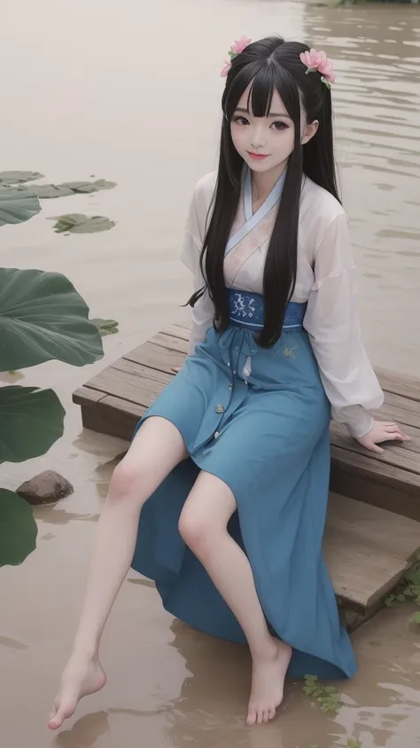 ((4k,masterpiece,best quality)), Bisim, Traditional Chinese ink painting, lotus,  hanfu, maxiskit, Dress conservatively 1girl, Solitary, Blue long hair, Smile, permanent, Feet in water, barefoot,
 