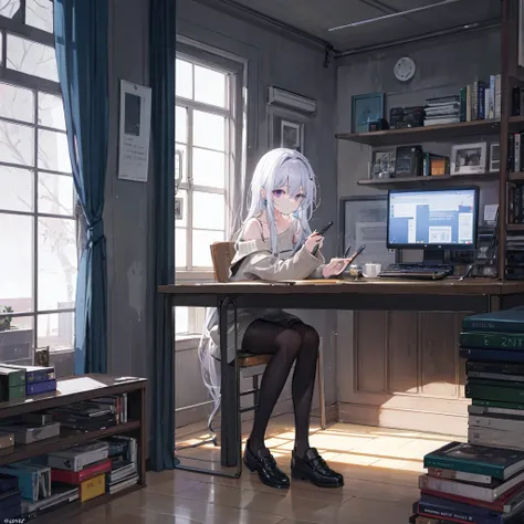 ((Best quality)), ((masterpiece)), (detailed), attractive girl, monitor in place of the head, cursor on screen, long off-shoulder sweater, slender legs, Violet eyes, albino, night time of day Night. computer. internet. 
Three hours and still no sleep. 
Kno...