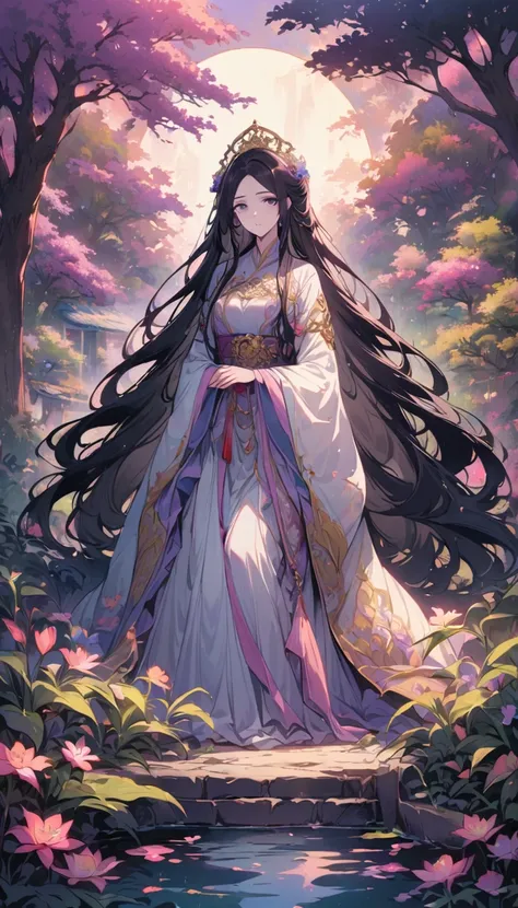 Empress Jiuyou is a stunning and majestic figure with long, flowing black hair that shimmers with a mystical glow. Her deep violet eyes are filled with wisdom and a touch of sadness. Her flawless, pale skin gives her an almost ethereal appearance. She is d...