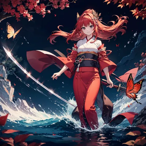 ((High resolution　Redhead　Long Hair　Tie-up hair　Black kimono　red band　Goddess of victory　smile　Standing on the surface of the water))　((Red butterfly　night　Japanese style　shoulder　old　Shining Aura　rain))　(((Grasp the sword　Japanese sword　long blade　Light r...