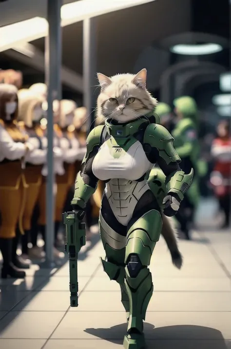 A 21 year old、Strong build、Wearing《Doom》Green Doom Marine armor、Full breasts、Strong female cat holding giant futuristic rifle，walking down hallway of futuristic space station