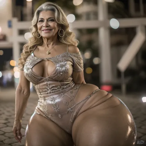 Beautiful 65 year old grandmother, mulher idosa de cabelos brancos, with her back to the camera showing a huge ass, cintura muito fina, quadril largo, beautiful grandmother, linda velha, night and urban scenery with bokeh and flares on camera
