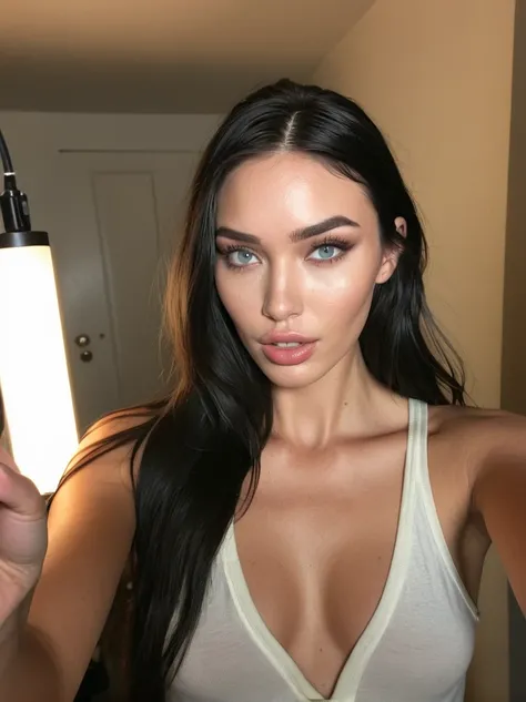 a realistic instagram selfie photo of a [ really beautiful exotic androgynous supermodel 19 year old woman] , with [long, dark hair ] , looks like [Megan FOX] and [Adriana Lima], light makeup, looking [ nomakeup innocent, cute, flushed] , dressing room [li...