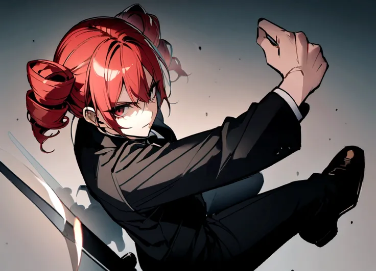 Red hair、Black suit、Black slacks、Wearing leather shoes、Holding a sword