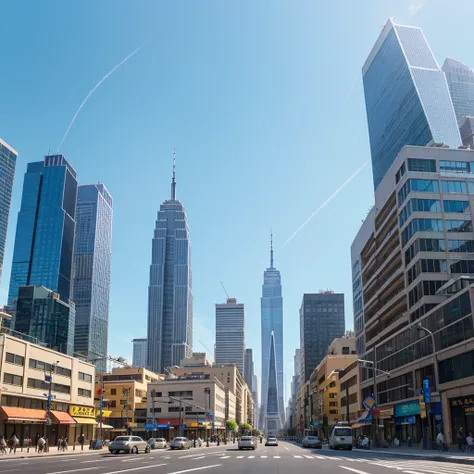 standing at the intersection of 4 streets looking up at the skyscraper tower in the morning with bright sunlight (5D animation) realistic image quality ultra high quality