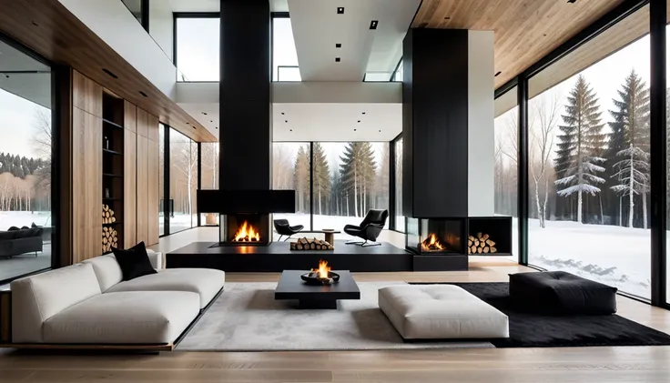 Lei-BL,Modern interior design, fireplace, Floor-to-ceiling windows, The Minimalists, Monochromatic color palette, indoor, luxurious, Natural light, Wood storage, modern furniture, Clear lines, open space, Architectural Details, High contrast, Reflective su...