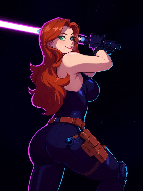 (Detailed face:1.2), (Detailed eyes:1.2), (Perfect figure:1.2), CARTOON, ANIME, CARTOON ARTSTYLE, vintage science fiction, Star Wars based environment, extremely detailed face, long eyelashes, (Mara Jade), Mara Jade Skywalker, long orange hair, bright gree...