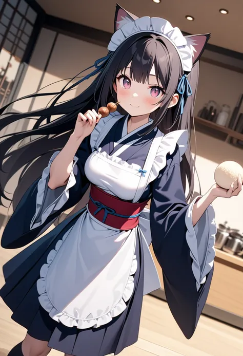 (8K, best quality, master piece: 1.2), super high resolution,1 beautiful girl,ultra-detailed face,cute eyes,(Holding a skewered rice cake ball in one hand、Each of the three mochi balls on the skewer is perfectly round.),standing,Maid outfit dress, cat ear ...