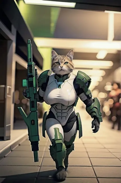 A 21 year old、Strong build、Wearing《Doom》Green Doom Marine armor、Full breasts、Strong female cat holding giant futuristic rifle，walking down hallway of futuristic space station