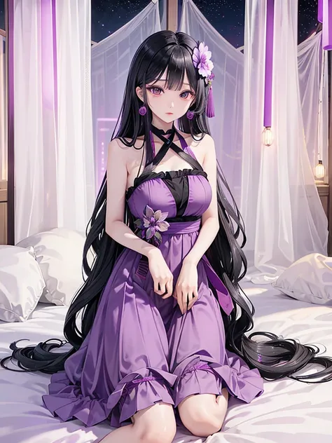 Black Hair、Oriental face、Iris、Light purple dress、One person、Sitting、night、