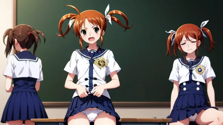 Highest quality,Highest quality,One girl,10 years old,Mouth closed,orgasm,blush, Sweat,Nanoha Takamachi,Takamati Nanoha,Twin tails,Hair Ribbon,((One Piece Uniform:1.3)),classroom、White panties、Squat、Look at this、skirt