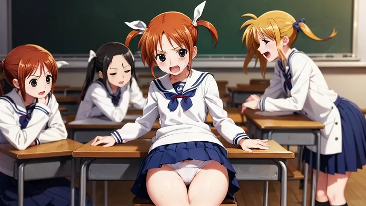 Highest quality,Highest quality,One girl,10 years old,Mouth closed,orgasm,blush, Sweat,Nanoha Takamachi,Takamati Nanoha,Twin tails,Hair Ribbon,((One Piece Uniform:1.3)),classroom、White panties、Squat、Look at this、skirt