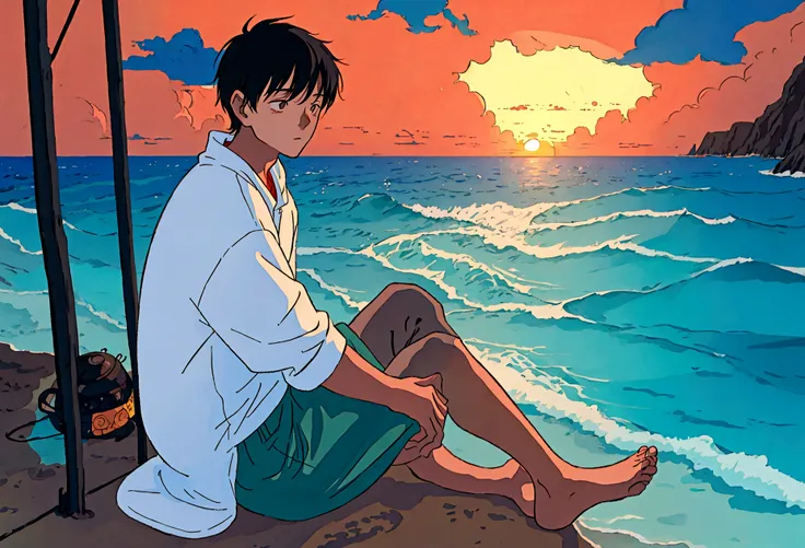 Studio Ghibli Style HMC, Illustrator, sad ,20 year old black boy, He was sitting on the beach watching the sunset over the ocean.