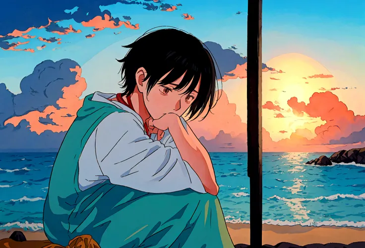 Studio Ghibli Style HMC, Illustrator, sad ,20 year old black boy, He was sitting on the beach watching the sunset over the ocean.