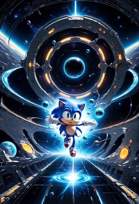 Sonic the Hedgehog, Sonic races in zero-gravity conditions within a high-tech space station. He must use magnetic and gravity conversion devices to maintain balance on rotating corridors and floating platforms, avoiding being hit by space debris, completin...