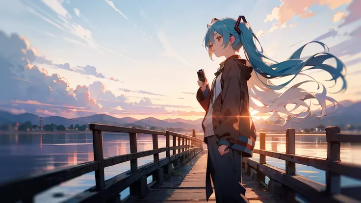 Hatsune Miku in the sunset、Standing on a wooden bridge beside a quiet lake。She is close to the camera、Gazing into the distance with a calm expression。Her hair flutters in the wind、In the background is a calm lake and a sunset sky.。