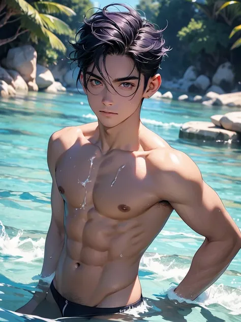 Garoto de cabelo roxo, olhos azuis, musculoso, sem camisa, apenas de cueca jogando agua sobre seu corpo, se divertindo em um fonte.