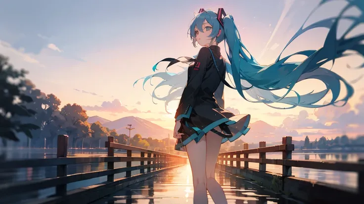 Hatsune Miku in the sunset、Standing on a wooden bridge beside a quiet lake。She is close to the camera、Gazing into the distance with a calm expression。Her hair flutters in the wind、In the background is a calm lake and a sunset sky.。