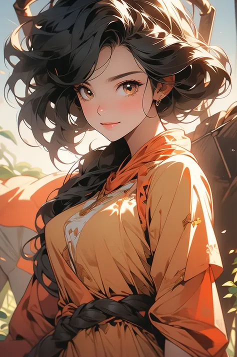 1girl, ant girl, ant abdomen, black hair, amber eyes, smirk, shovel, farm